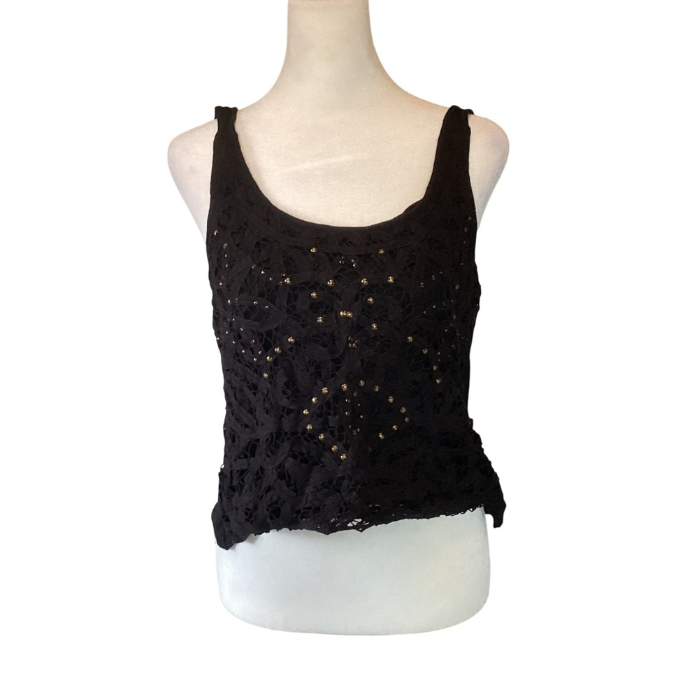 Roxy Womens Y2K Studded Crochet Lace Tank Top S Black Festival Edgy Rocker Layer